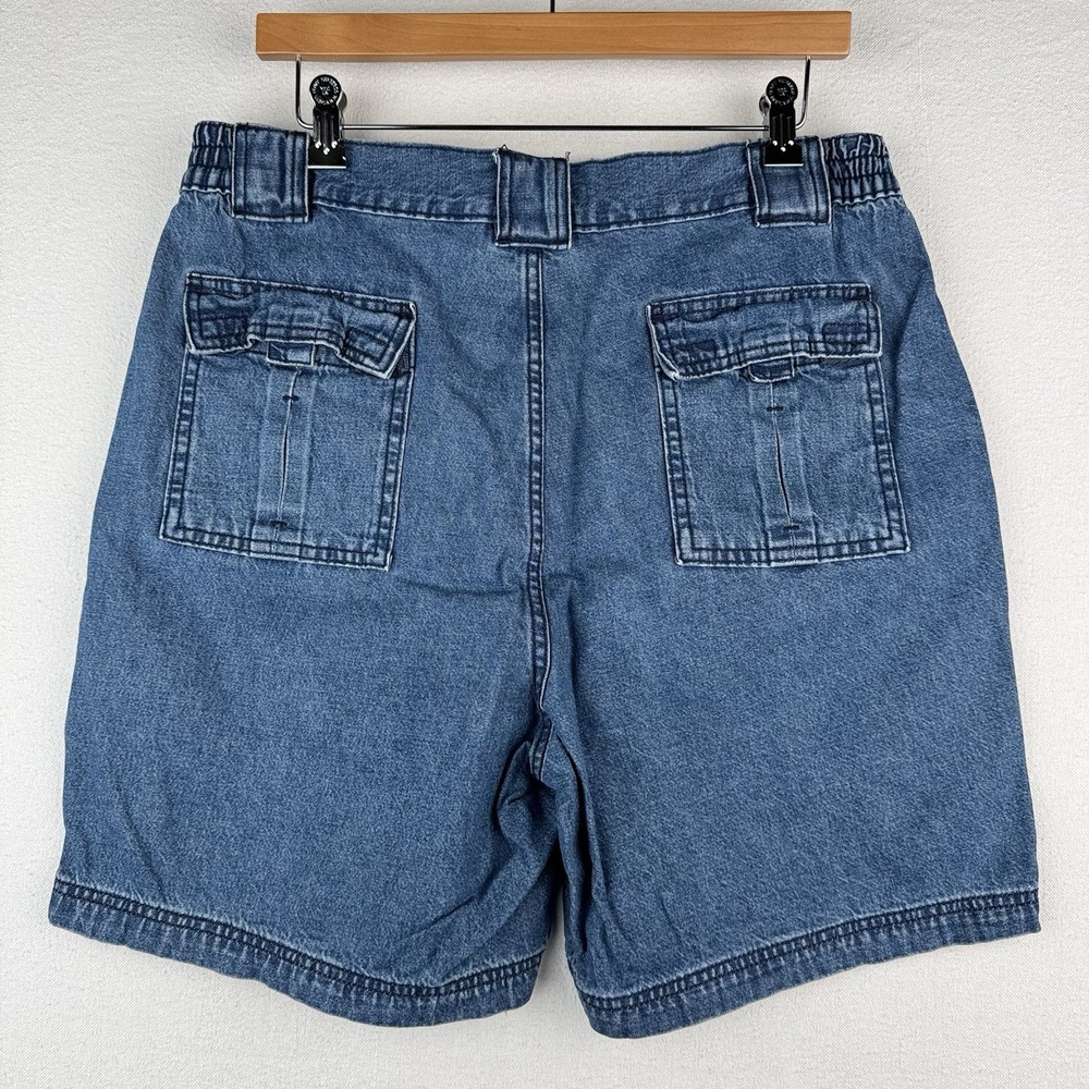 Vtg St. John's Bay Denim Cargo Safari Pocket Shorts Mens 34x6 Blue Elastic Waist - Picture 2 of 8